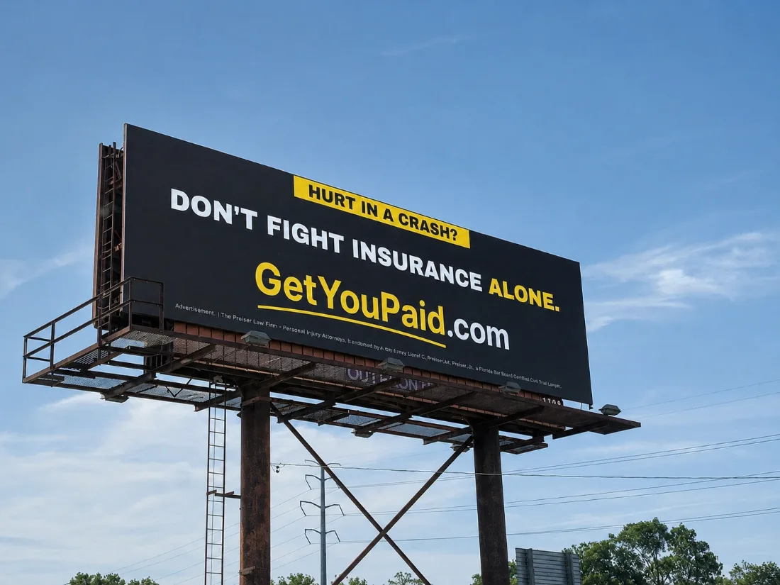 GetYouPaid.com billboard — Hurt in a crash? Don't fight insurance alone.